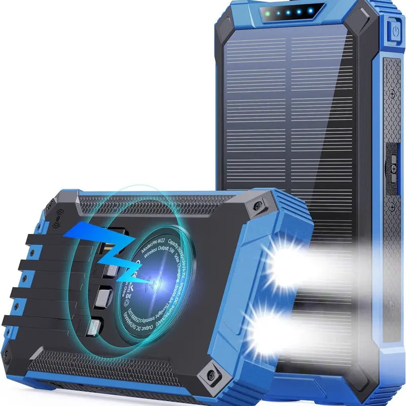 GNC W22 Solar Power Bank – 15W Fast Charging, 4 Built-In Cables, Flashlight