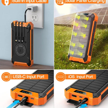 GNC W22 Solar Power Bank – 15W Fast Charging, 4 Built-In Cables, Flashlight