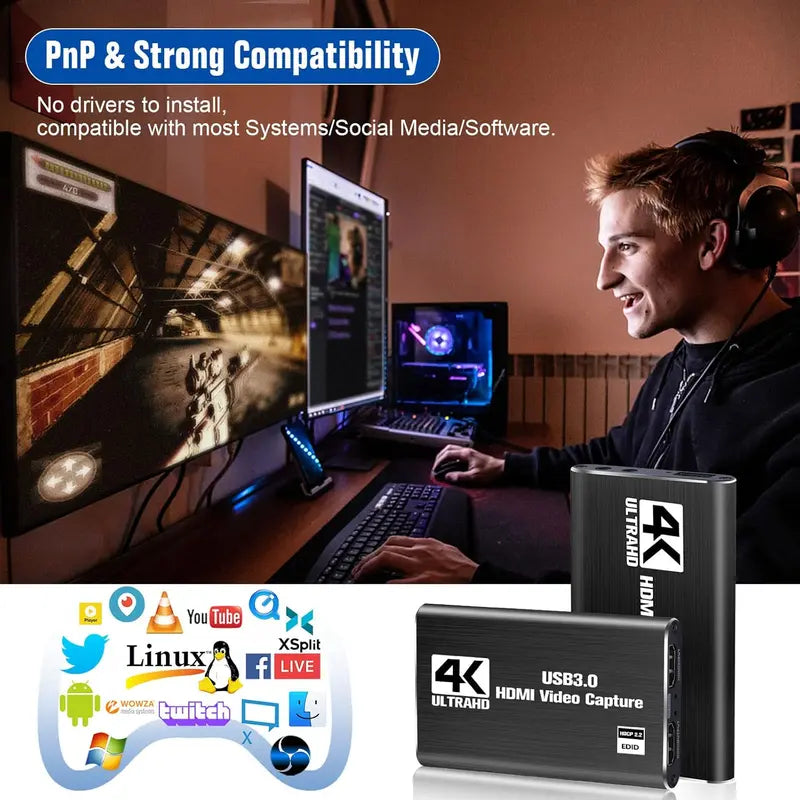 HDMI Capture Card – 1080p 60fps Recording, 4K Passthrough, Mic Input