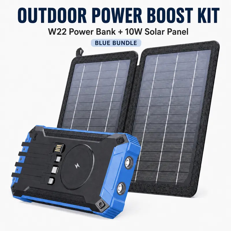 GNC W22 Solar Power Bank – 15W Fast Charging, 4 Built-In Cables, Flashlight