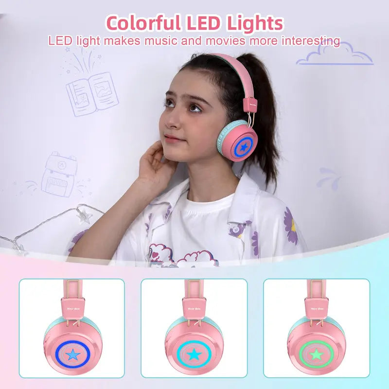 Newbee Kids Bluetooth Headphones with Mic & LED Lights – Wireless, for School & Travel
