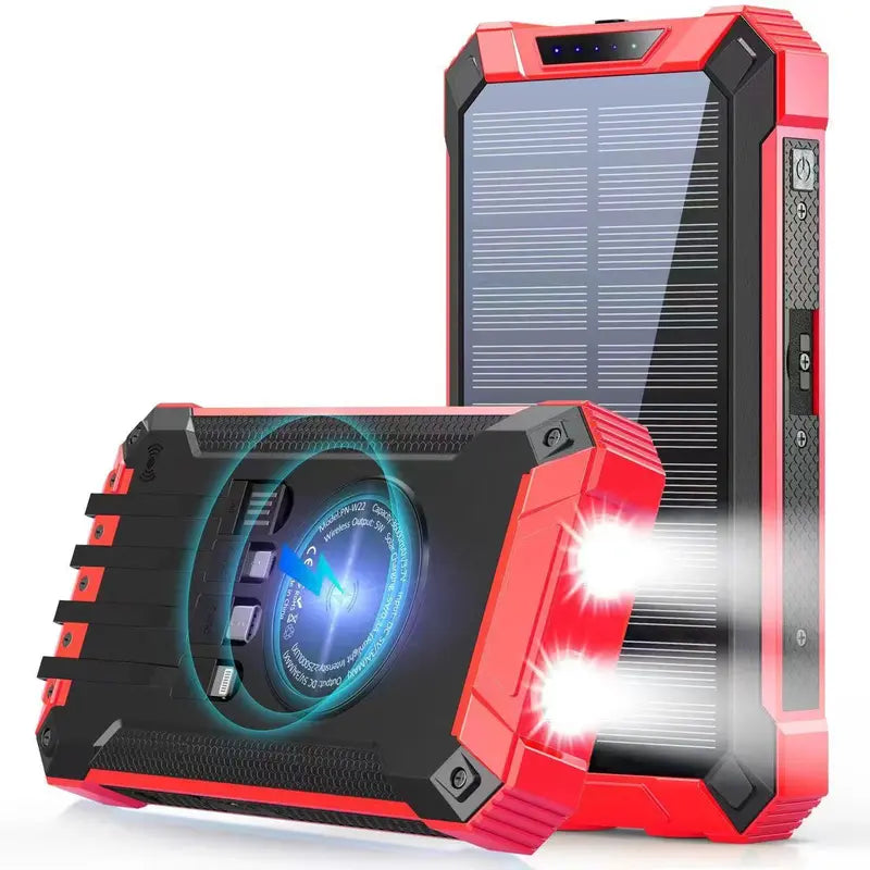 GNC W22 Solar Power Bank – 15W Fast Charging, 4 Built-In Cables, Flashlight