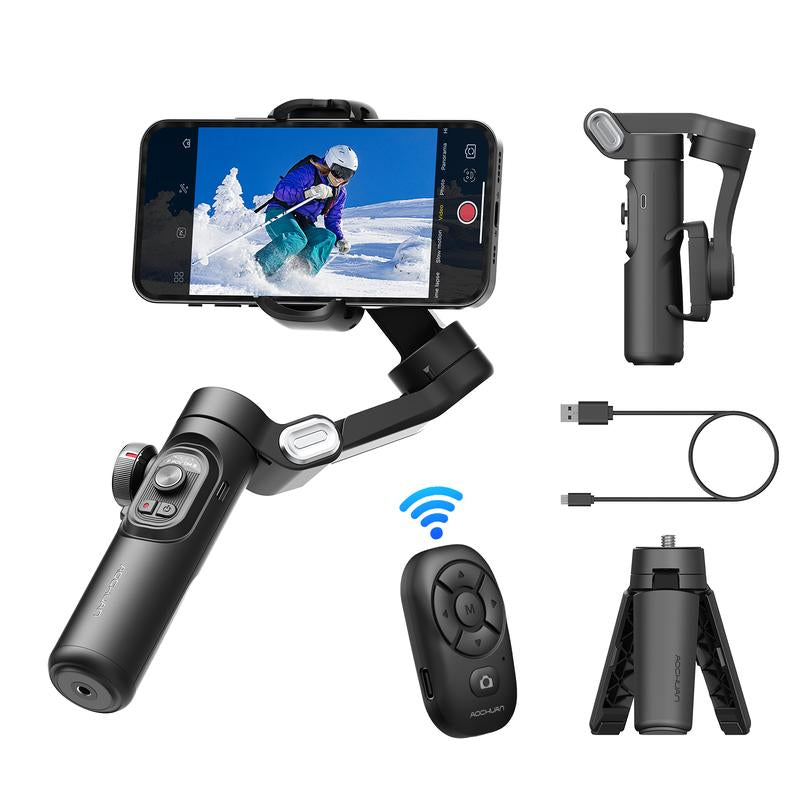 AOCHUAN 3-Axis Phone Gimbal Stabilizer – Foldable, Face Tracking, Magnetic RGB Fill Light