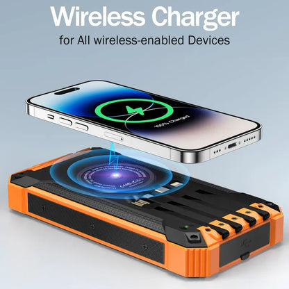 GNC W22 Solar Power Bank – 15W Fast Charging, 4 Built-In Cables, Flashlight