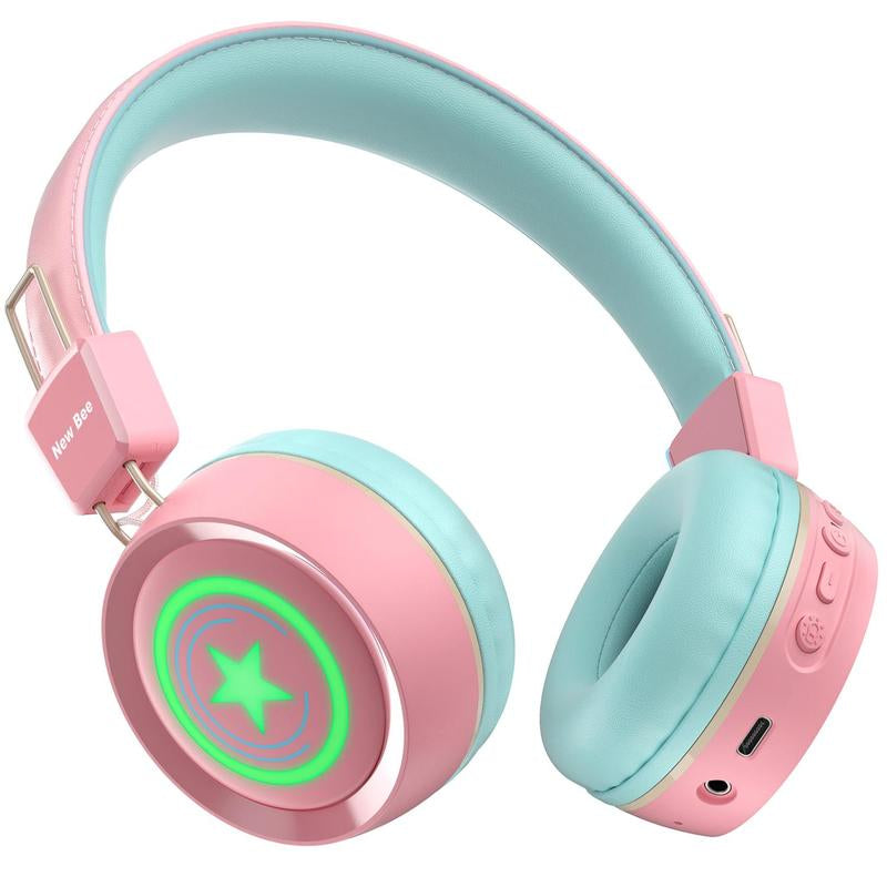 Newbee Kids Bluetooth Headphones with Mic & LED Lights – Wireless, for School & Travel