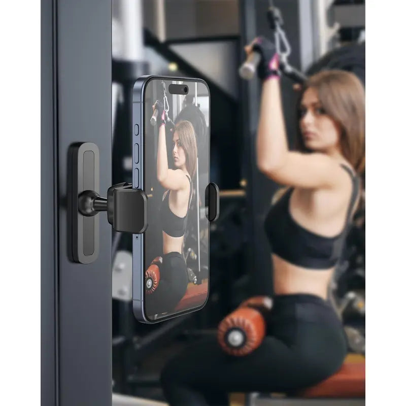 Magnetic Gym Phone Mount – 360° Adjustable Aluminum Holder for Workout Recording