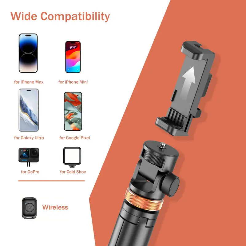 61" Selfie Stick Tripod with Wireless Remote – Aluminum, Extendable Phone Stand