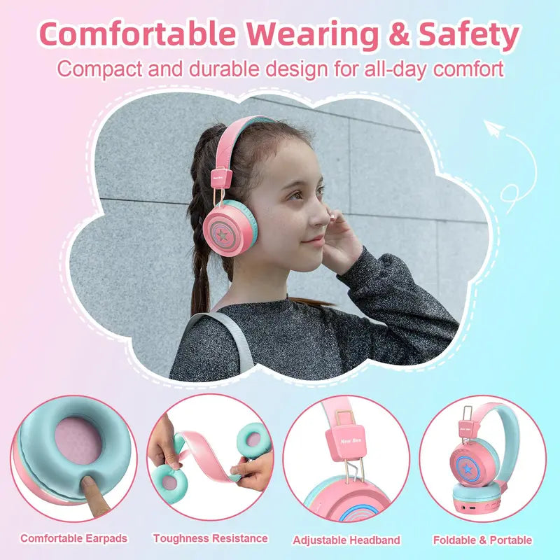 Newbee Kids Bluetooth Headphones with Mic & LED Lights – Wireless, for School & Travel