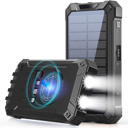 GNC W22 Solar Power Bank – 15W Fast Charging, 4 Built-In Cables, Flashlight