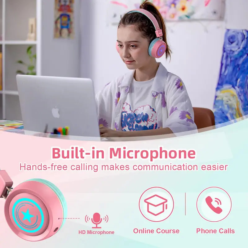 Newbee Kids Bluetooth Headphones with Mic & LED Lights – Wireless, for School & Travel