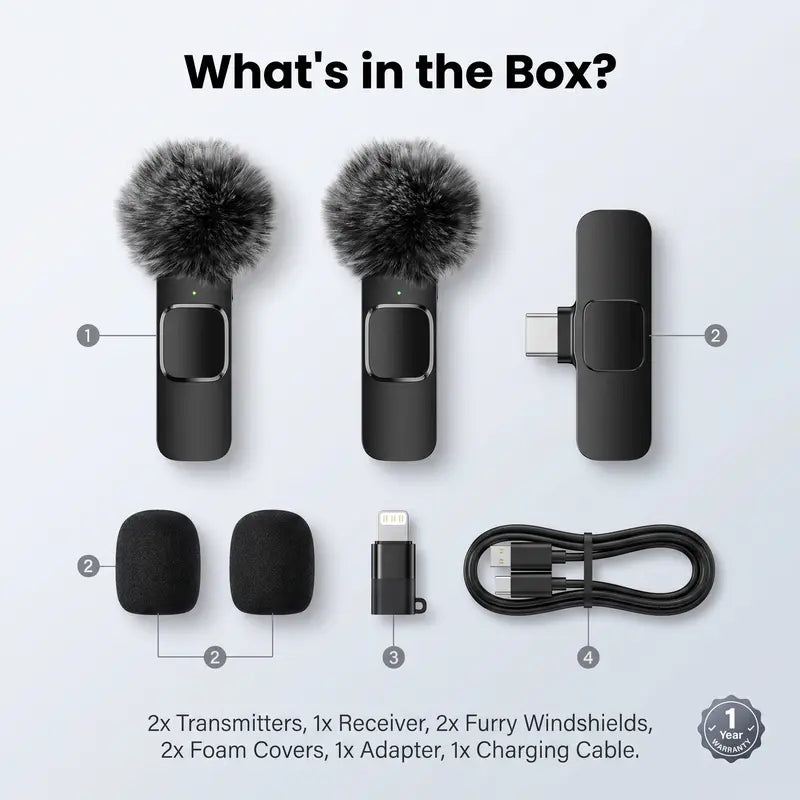 HITOZON Wireless Lavalier Microphone, 2-Pack – USB-C Clip-On Mic with Mute, Plug & Play