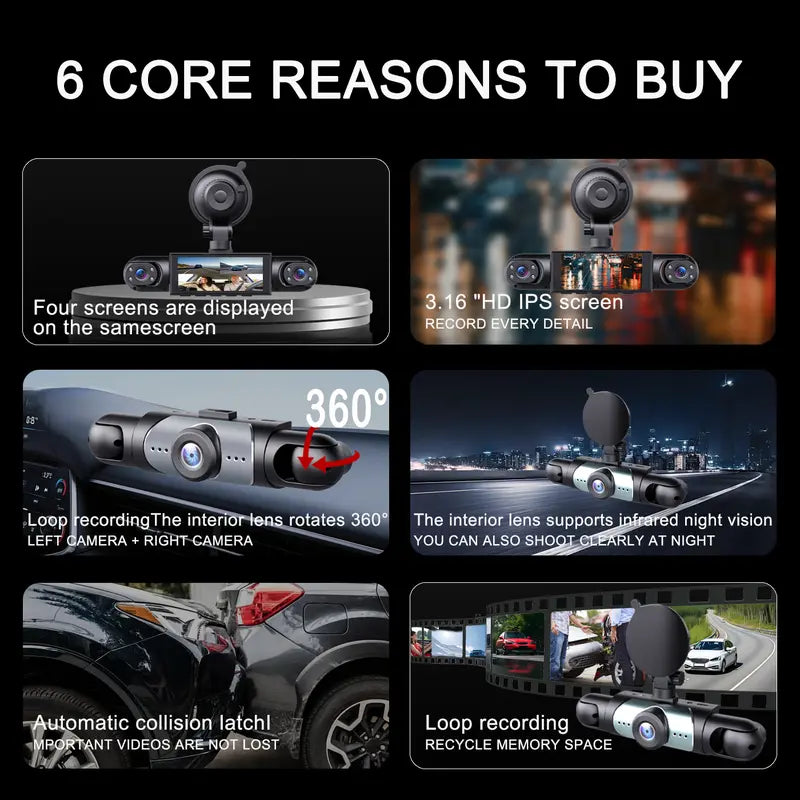 BCUOZ 4-Channel Dash Cam – Front, Rear, Left & Right, 1080p, 64GB Card Included