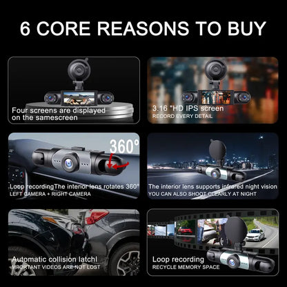 BCUOZ 4-Channel Dash Cam – Front, Rear, Left & Right, 1080p, 64GB Card Included