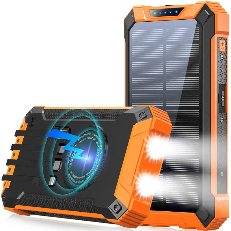 GNC W22 Solar Power Bank – 15W Fast Charging, 4 Built-In Cables, Flashlight