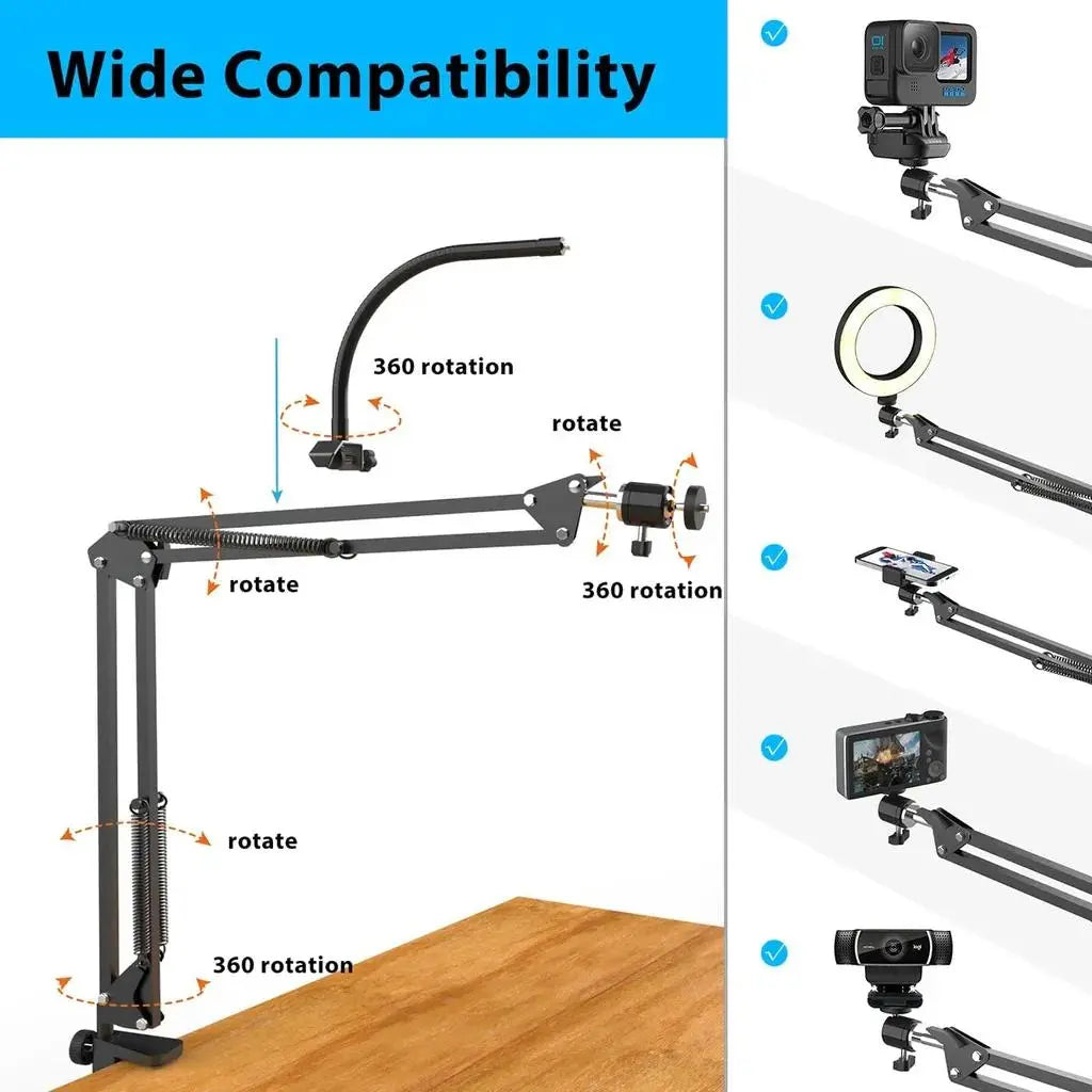 Overhead Phone Mount with Ring Light – Adjustable Desk Arm for Filming & Live Streaming