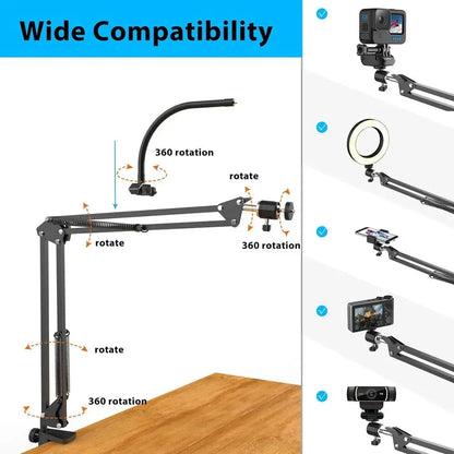Overhead Phone Mount with Ring Light – Adjustable Desk Arm for Filming & Live Streaming