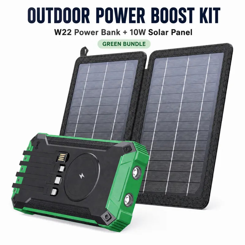 GNC W22 Solar Power Bank – 15W Fast Charging, 4 Built-In Cables, Flashlight