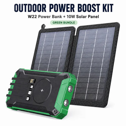 GNC W22 Solar Power Bank – 15W Fast Charging, 4 Built-In Cables, Flashlight