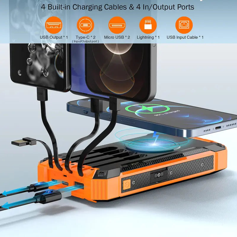 GNC W22 Solar Power Bank – 15W Fast Charging, 4 Built-In Cables, Flashlight