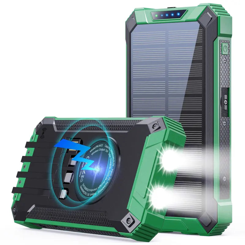 GNC W22 Solar Power Bank – 15W Fast Charging, 4 Built-In Cables, Flashlight