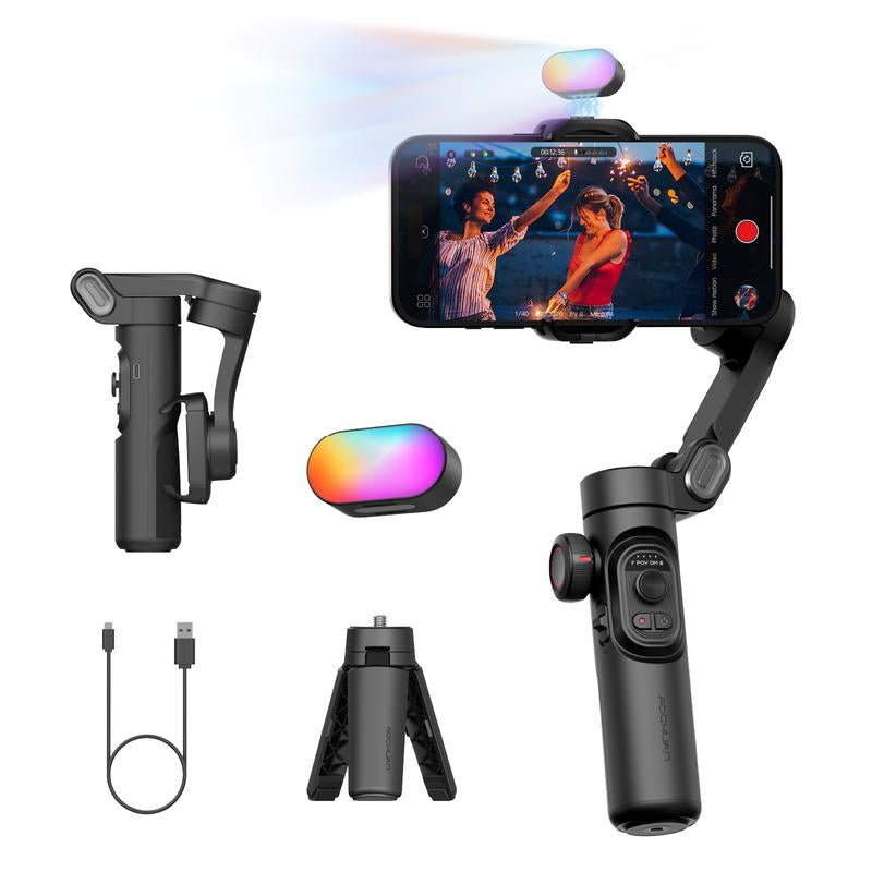 AOCHUAN 3-Axis Phone Gimbal Stabilizer – Foldable, Face Tracking, Magnetic RGB Fill Light